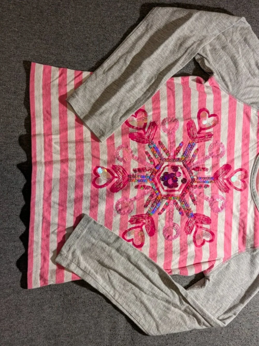 Justice Girls Size 10 Pink Striped Long Sleeve Top Sequin Snowflake Graphic